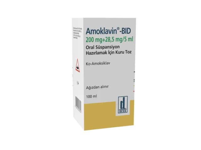 Amoklavin BID 200 mg/28,5 mg/5 mL süspansiyon ambalajı