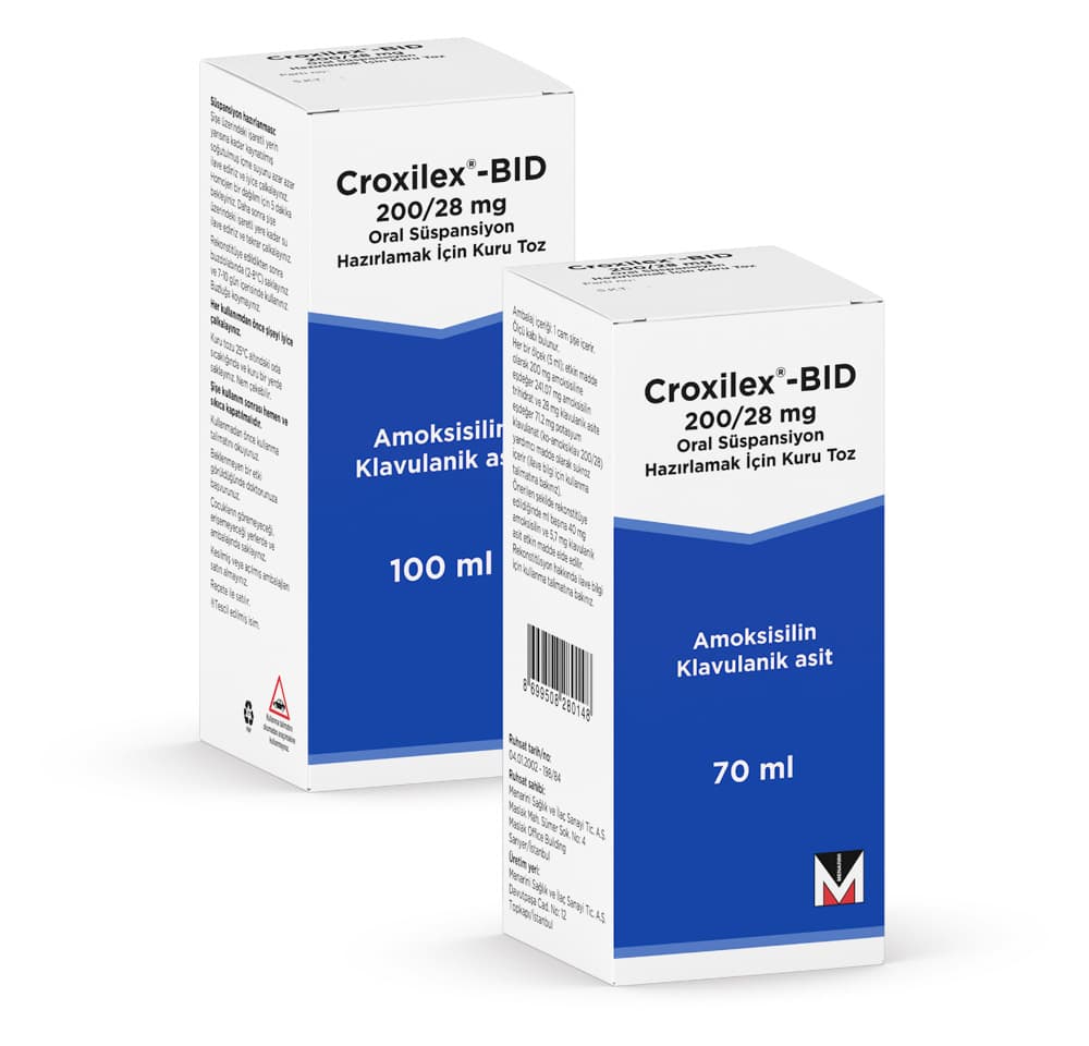 Croxilex BID 200 mg/28,5 mg/5 mL süspansiyon ambalajı